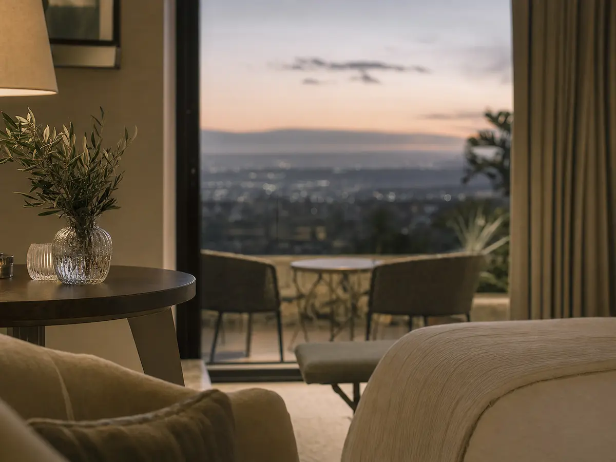 A hotel suite at dusk with the curtains open to the city