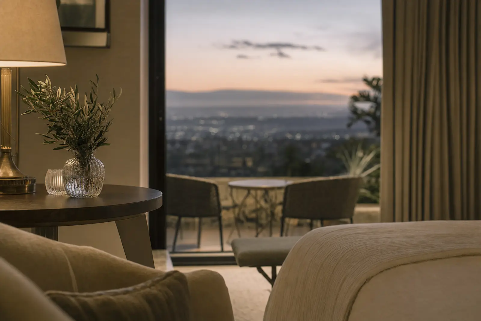 A hotel suite at dusk with the curtains open to the city