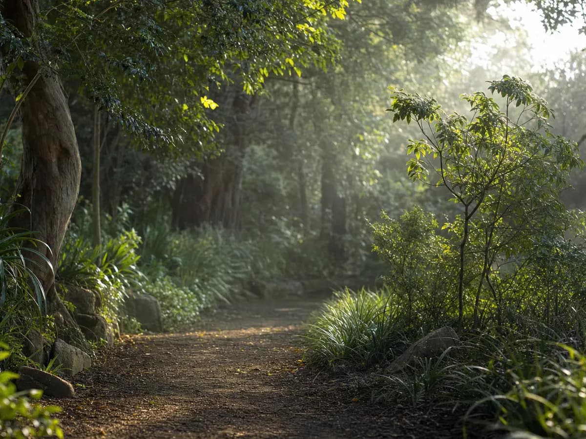 A sunlit path through a garden with dappled shade