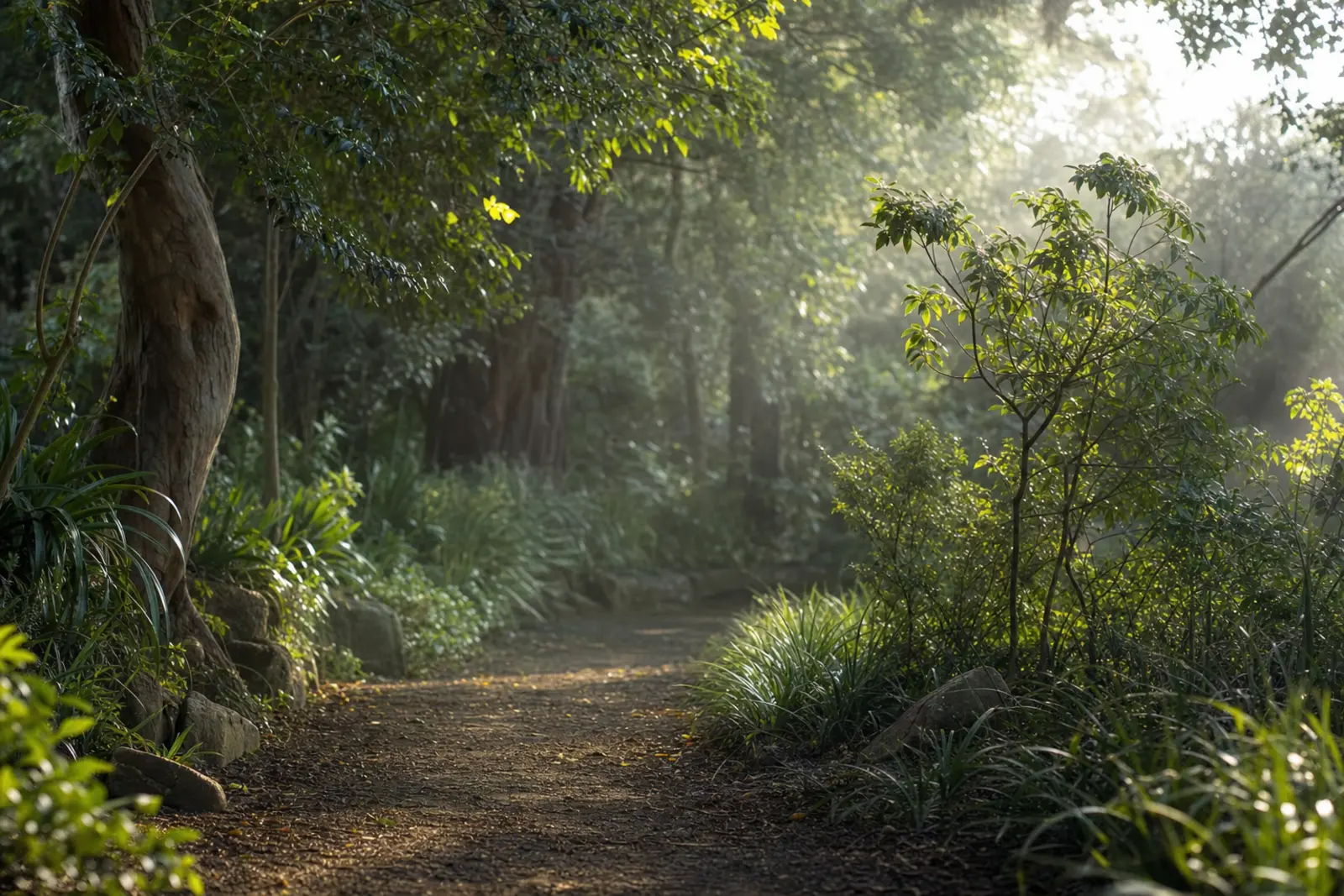A sunlit path through a garden with dappled shade