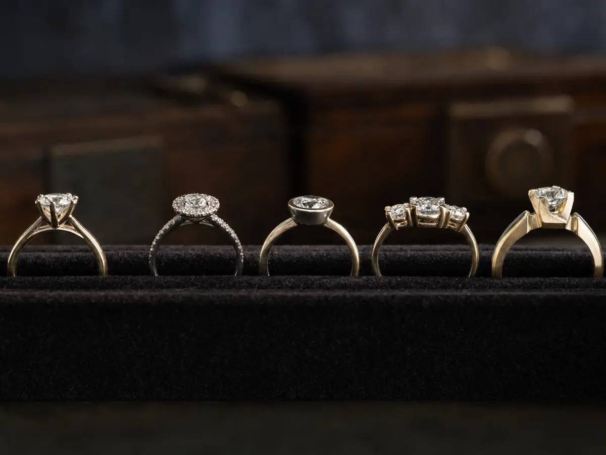 A row of engagement-ring settings in profile on dark velvet, from solitaire to halo to bezel