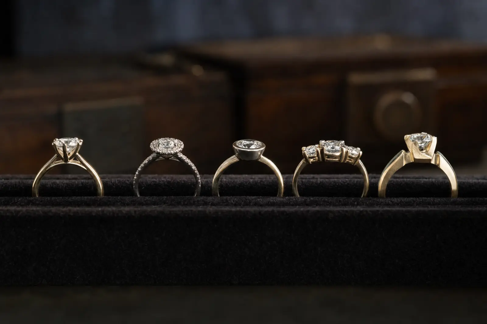 A row of engagement-ring settings in profile on dark velvet, from solitaire to halo to bezel