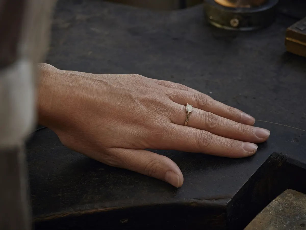 A hand at rest on a dark bench wearing a ring sized and scaled to it, seen from above