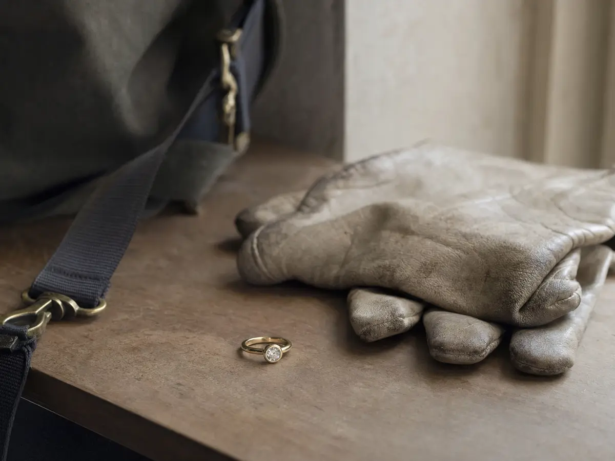 A plain low-set engagement ring beside a pair of work gloves and a gym bag on a bench