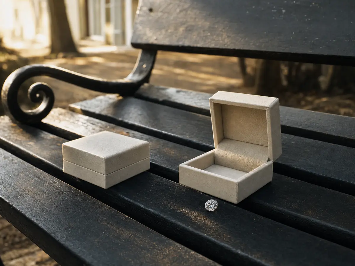 Two ring boxes on a bench, one closed and one open with a loose stone beside it