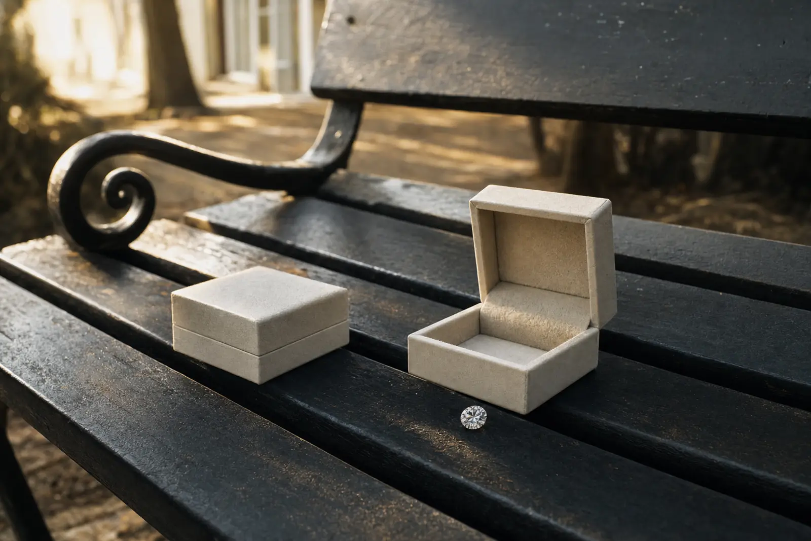 Two ring boxes on a bench, one closed and one open with a loose stone beside it