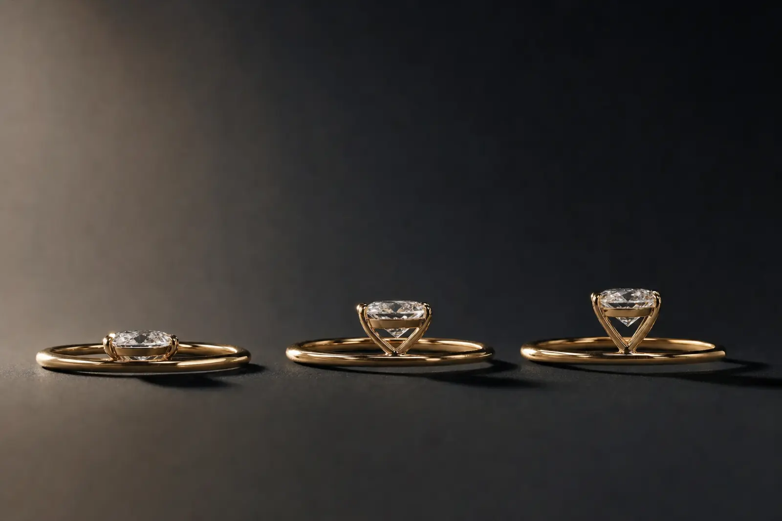 Three engagement rings of low, mid and high profile height lined up side-on on a dark ground