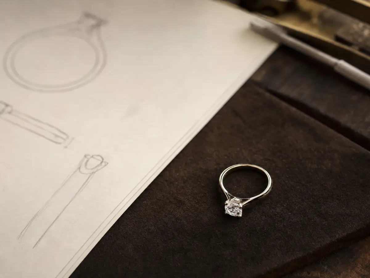 An engagement ring alone on dark suede, drawn with a faint pencil outline of a future band beside it