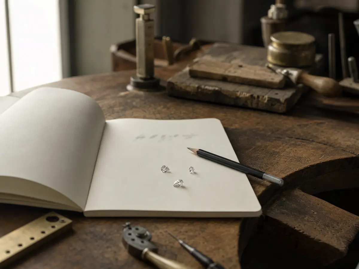 A notebook with a single handwritten number on it beside loose gemstones on a jeweller's bench