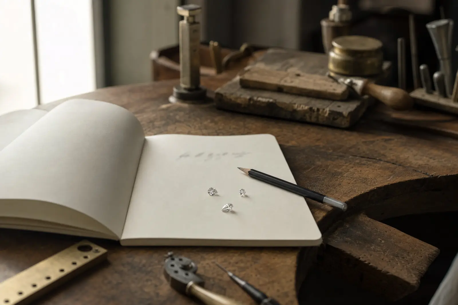 A notebook with a single handwritten number on it beside loose gemstones on a jeweller's bench