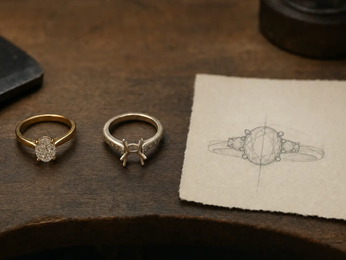 A finished ring, an empty setting and a pencil sketch laid out together on a bench to show three starting points
