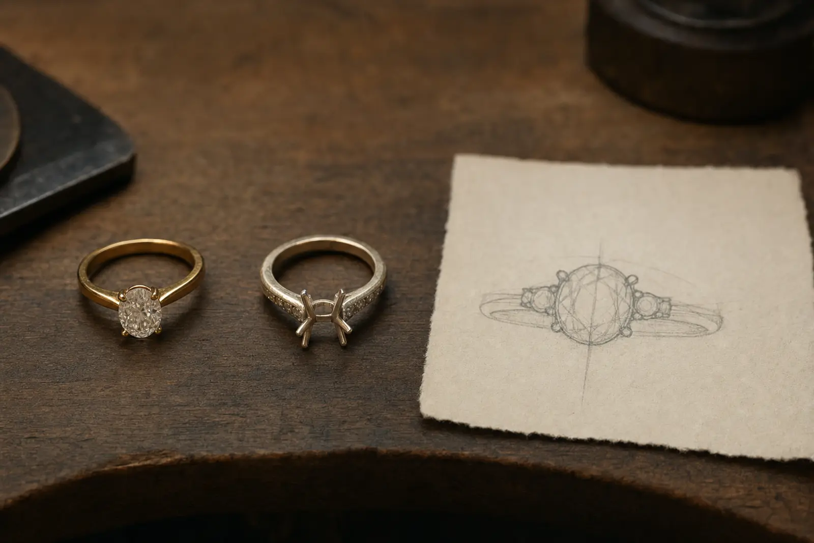 A finished ring, an empty setting and a pencil sketch laid out together on a bench to show three starting points