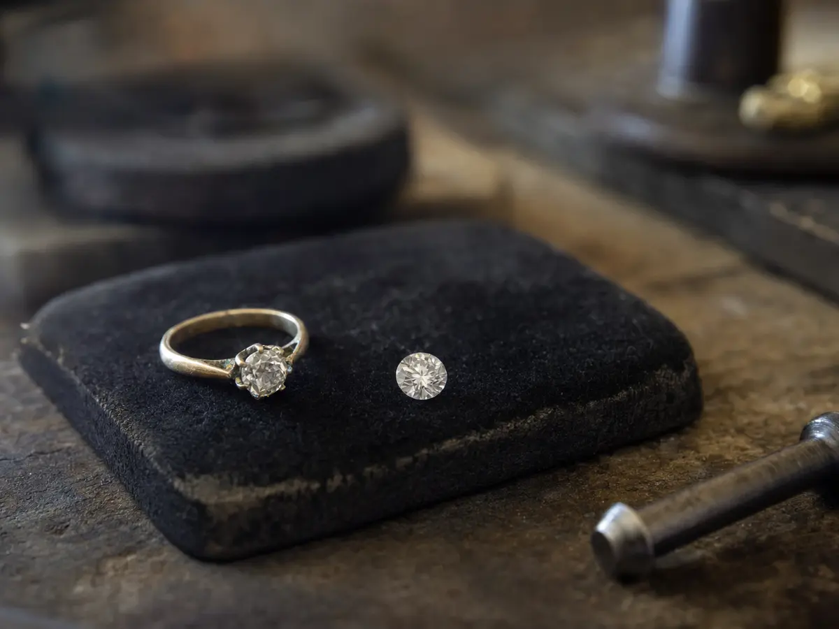 An older engagement ring and a new loose stone laid together on velvet, not yet combined