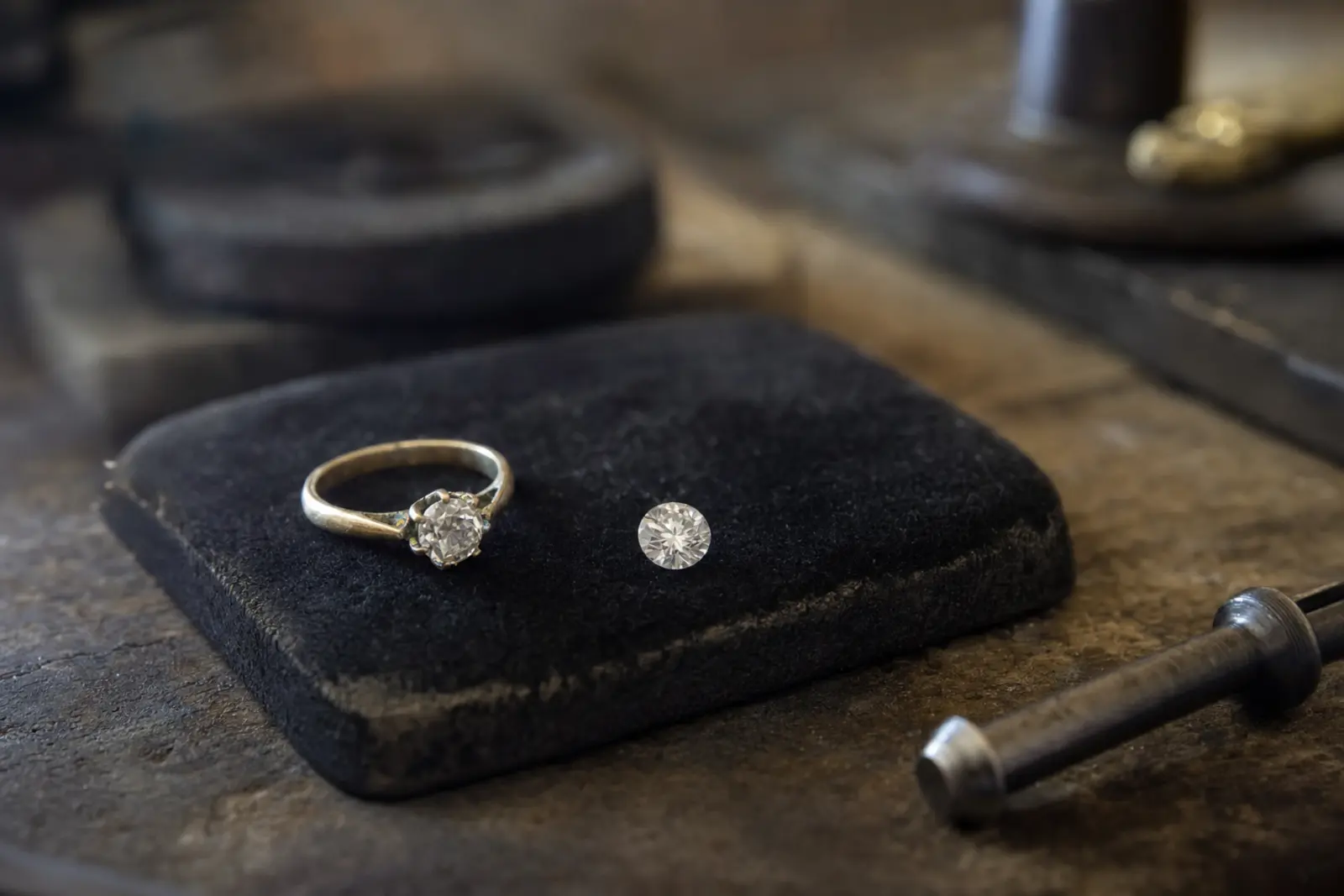 An older engagement ring and a new loose stone laid together on velvet, not yet combined