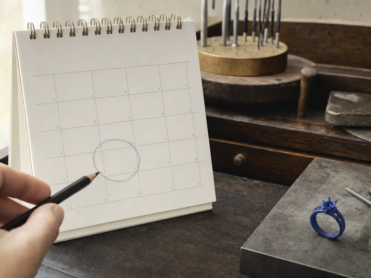 A calendar page with one date circled beside an unfinished ring in wax on the bench