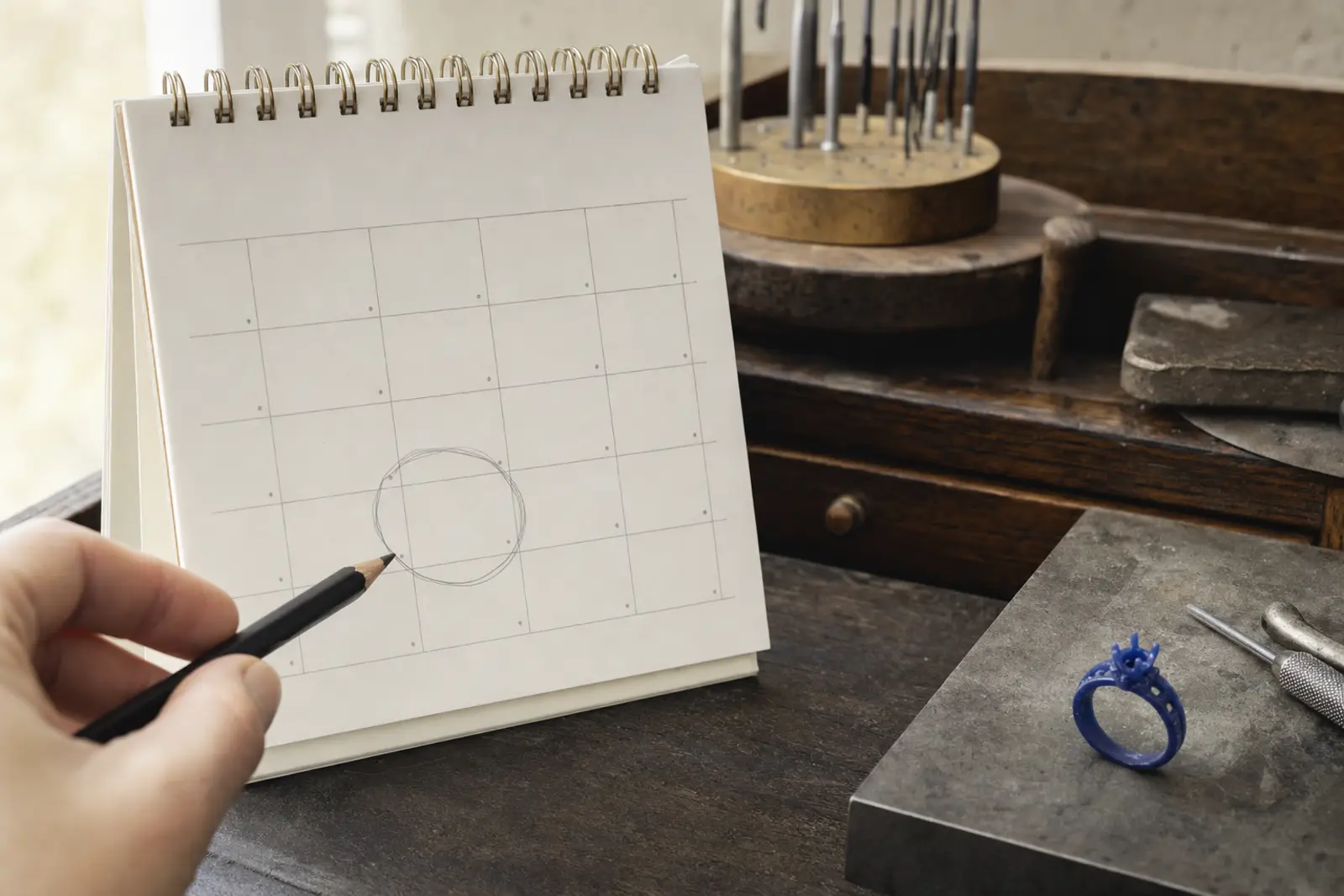 A calendar page with one date circled beside an unfinished ring in wax on the bench