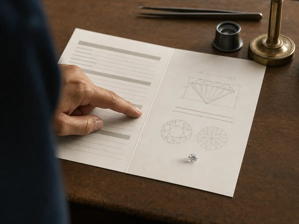 A diamond grading report open on a bench beside the stone it describes