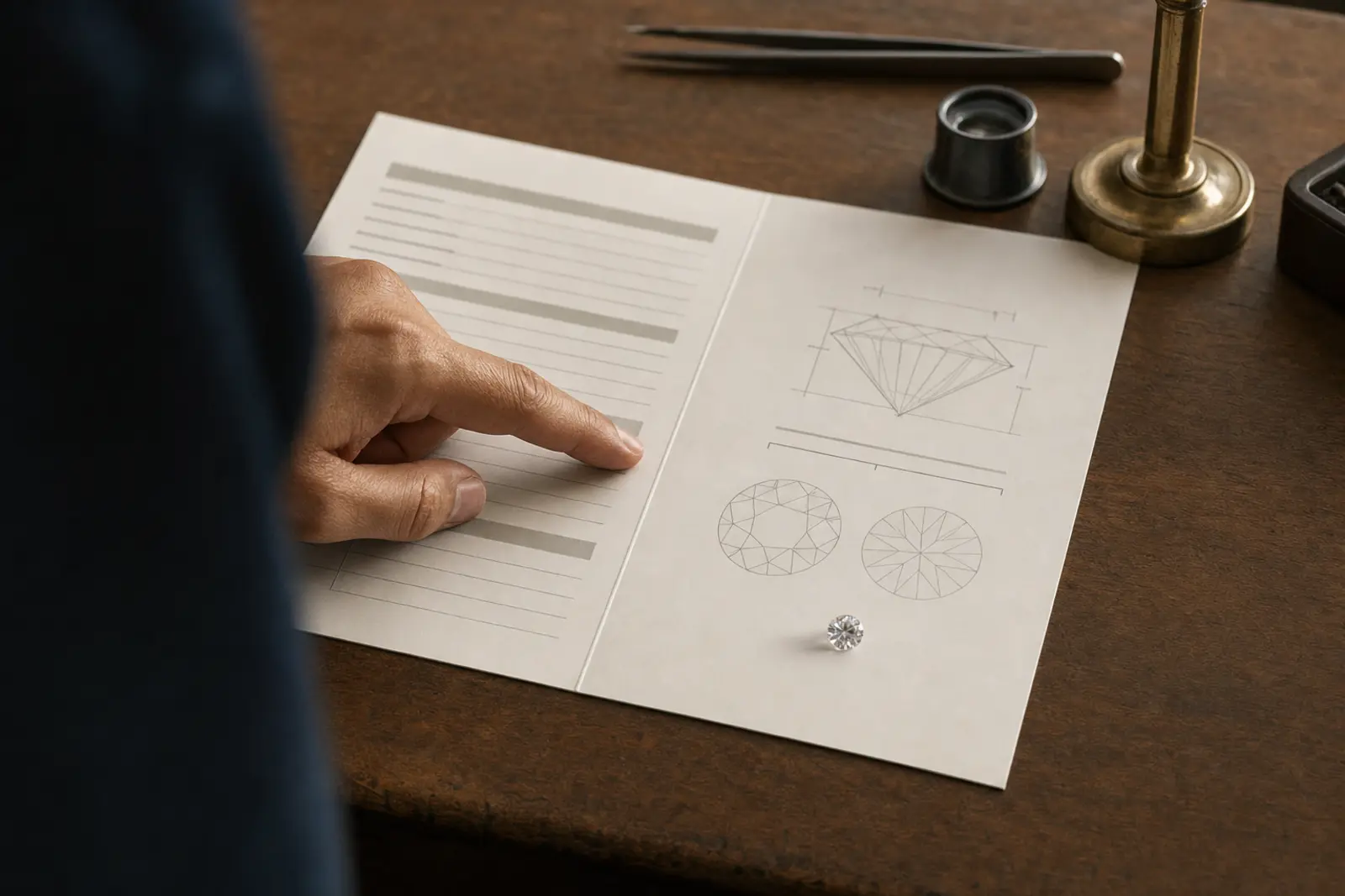 A diamond grading report open on a bench beside the stone it describes