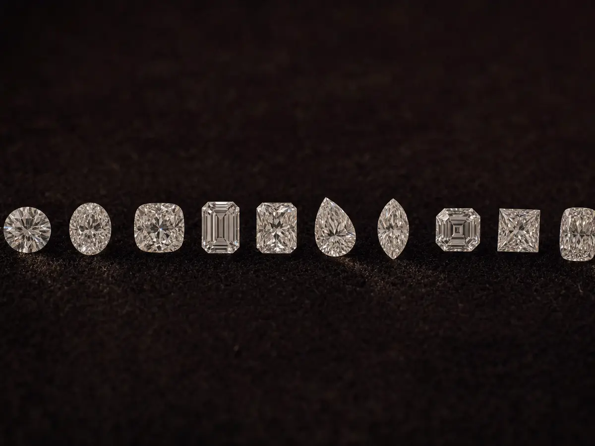 Ten loose diamonds in different shapes arranged on dark velvet