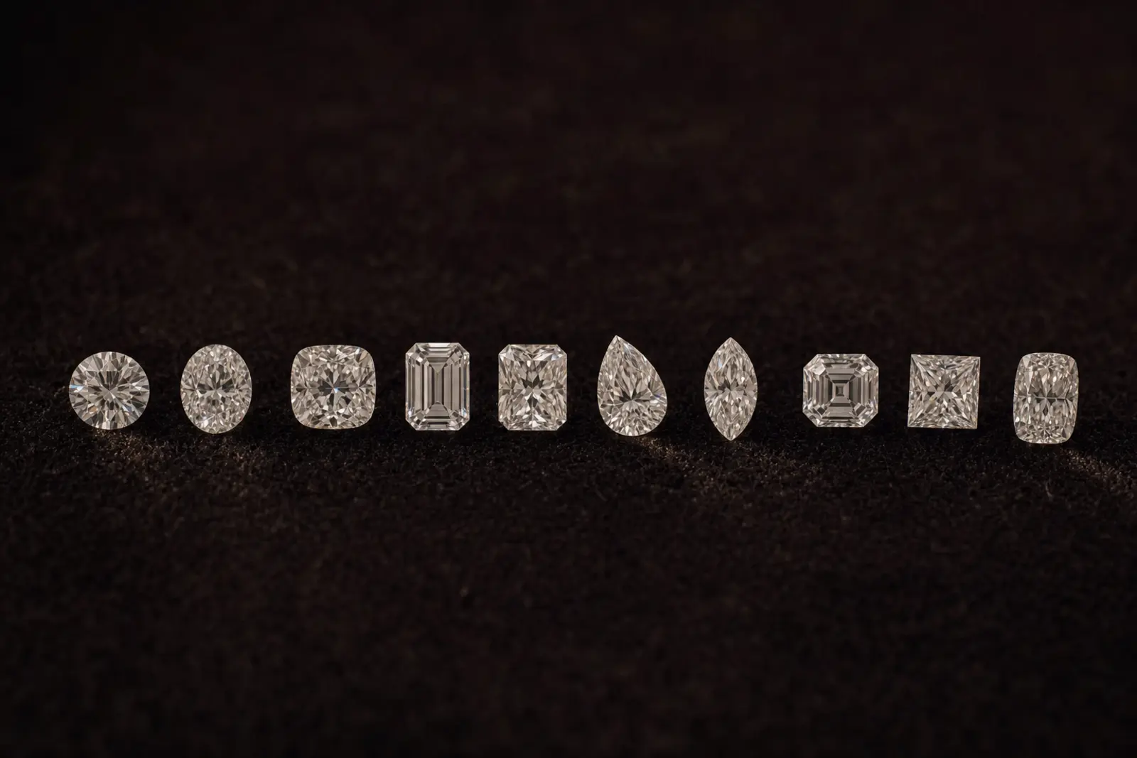 Ten loose diamonds in different shapes arranged on dark velvet