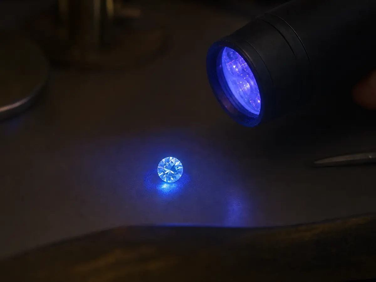 A loose diamond glowing blue under an ultraviolet lamp on a dark bench