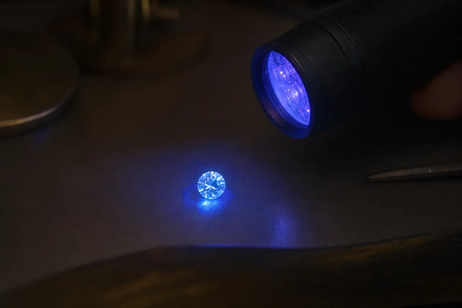 A loose diamond glowing blue under an ultraviolet lamp on a dark bench