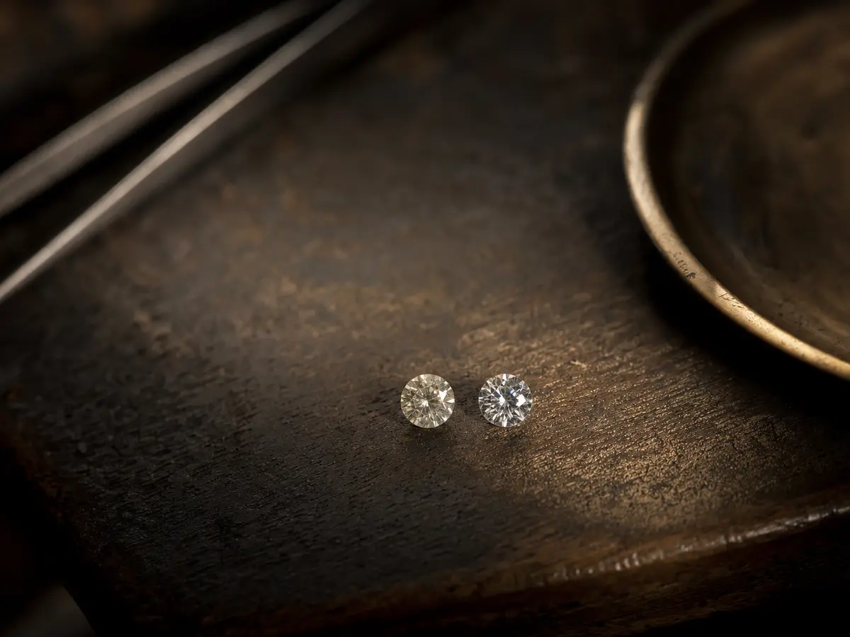 Two diamond rings of similar size on a bench, one visibly brighter than the other