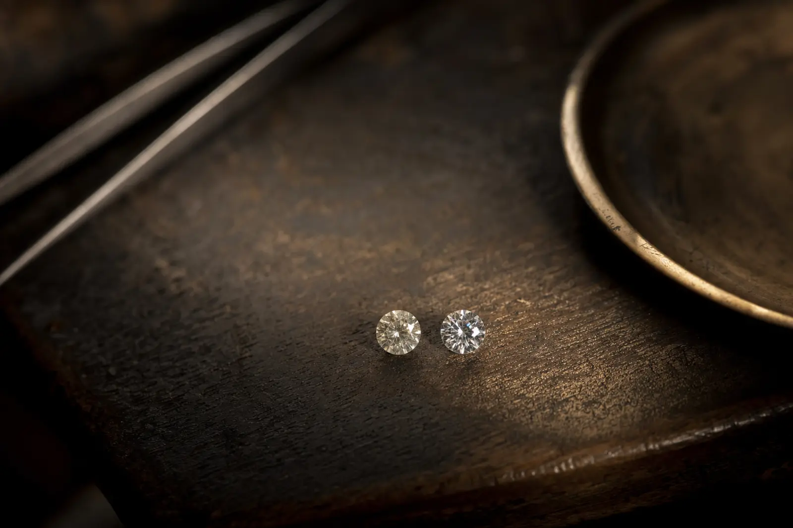Two diamond rings of similar size on a bench, one visibly brighter than the other