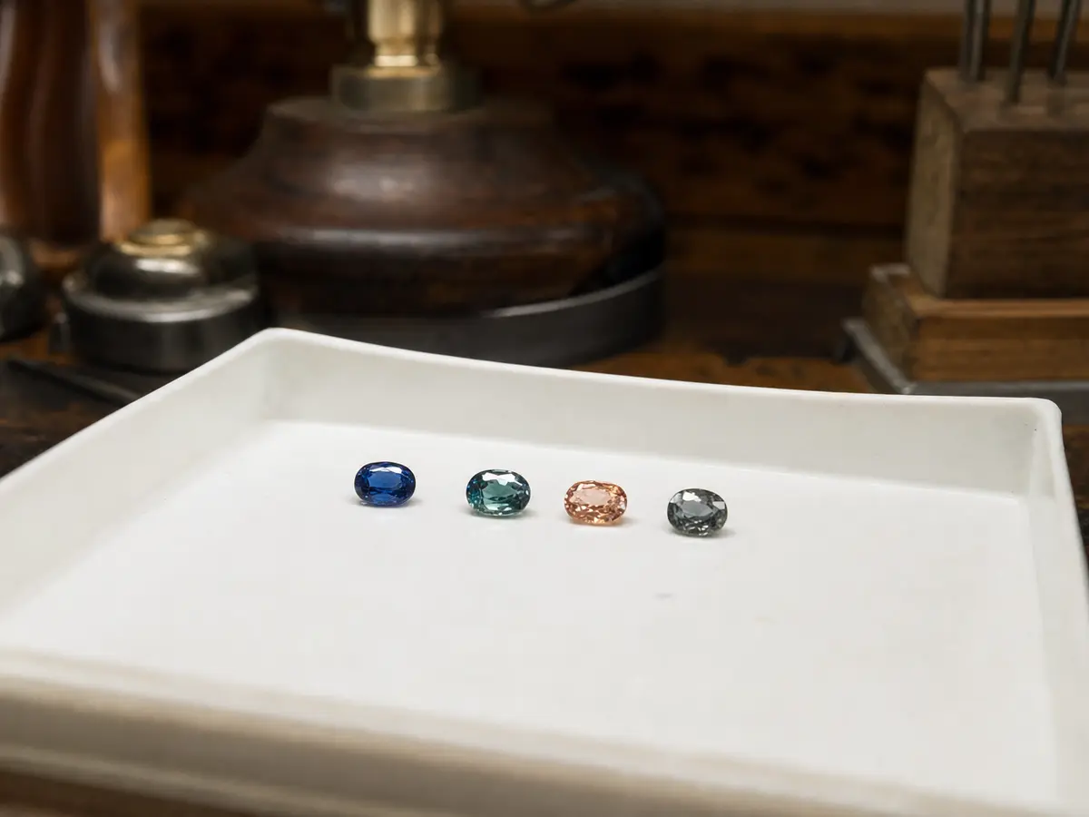 Loose sapphires in blue, teal and peach arranged on a jeweller's tray