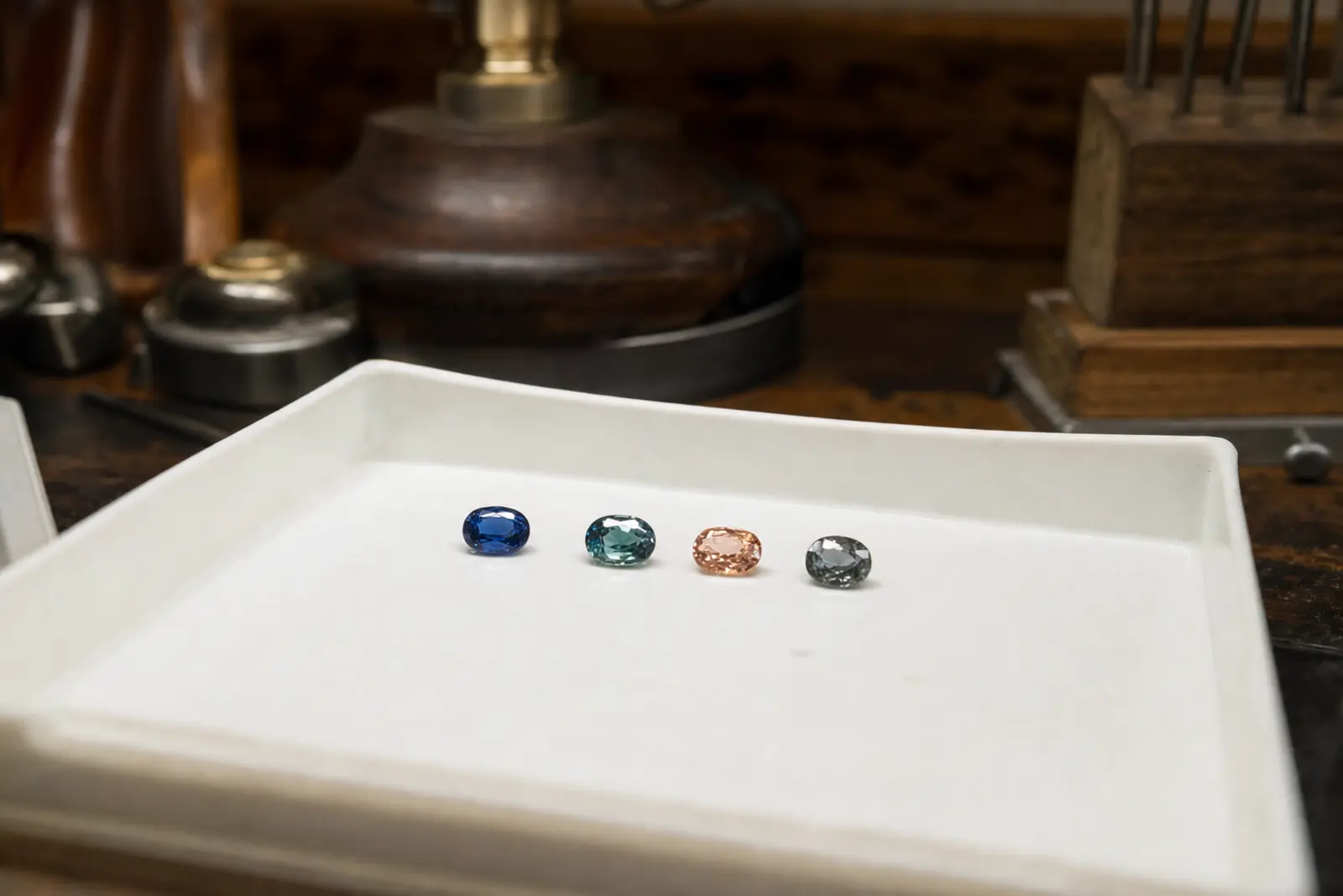 Loose sapphires in blue, teal and peach arranged on a jeweller's tray