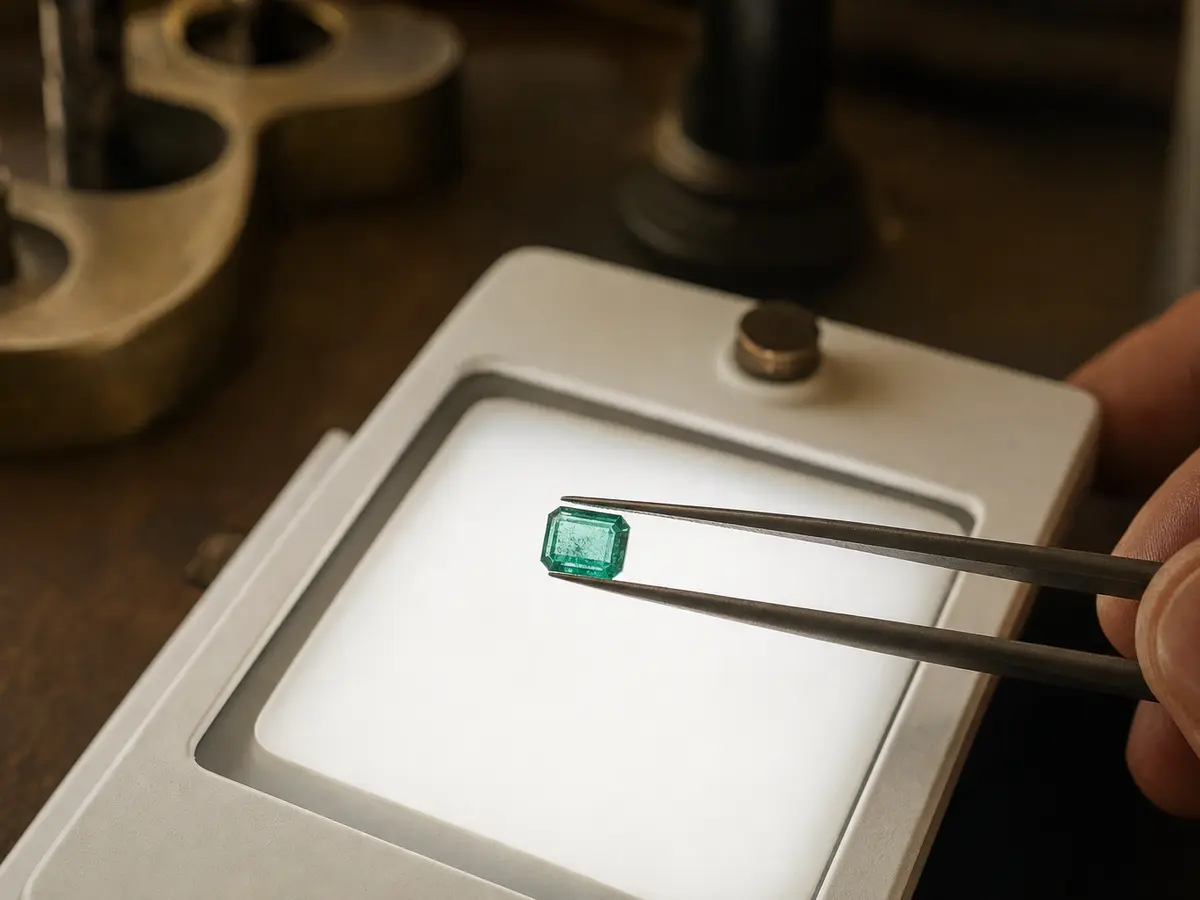 A loose emerald with visible internal inclusions held over a light box