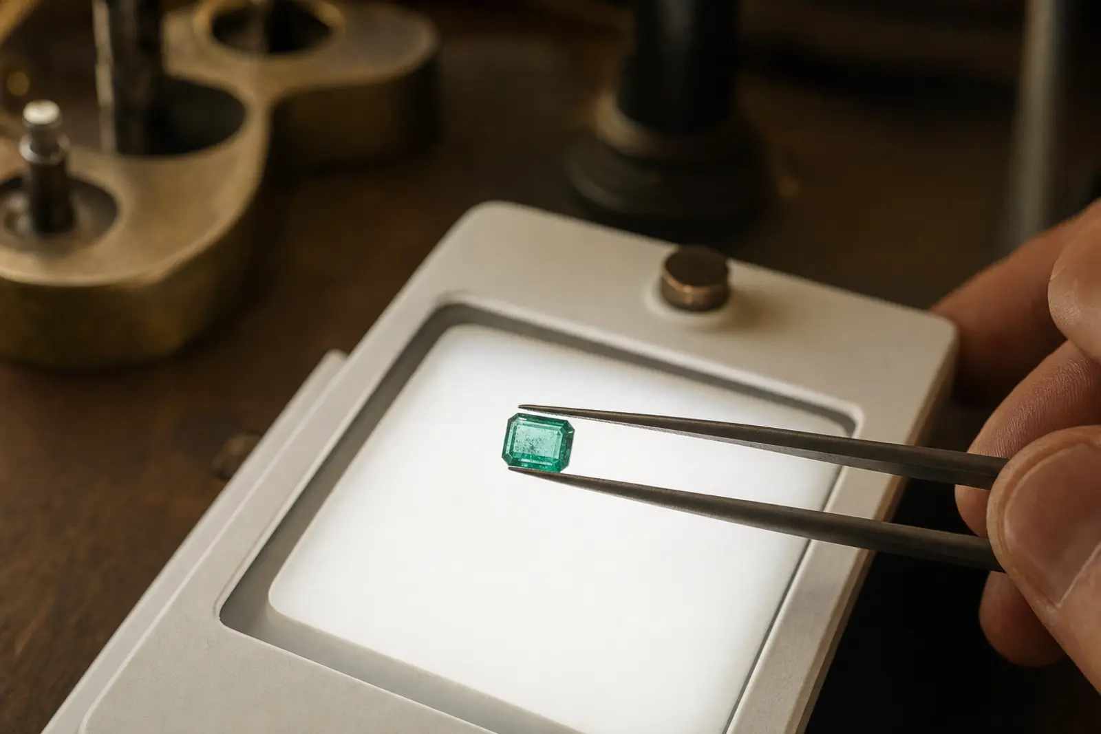 A loose emerald with visible internal inclusions held over a light box