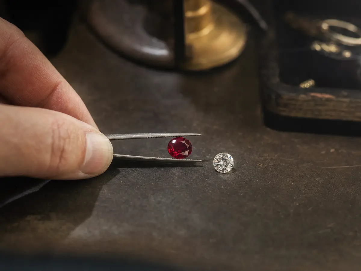 A loose ruby held to the light beside a diamond of similar size for comparison