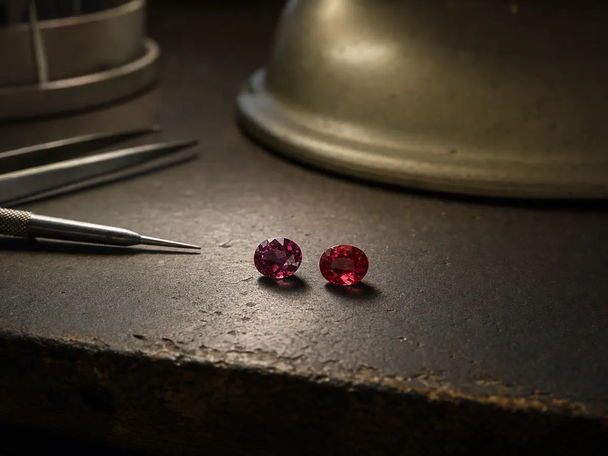 A loose red spinel and a loose ruby of similar size placed together for comparison