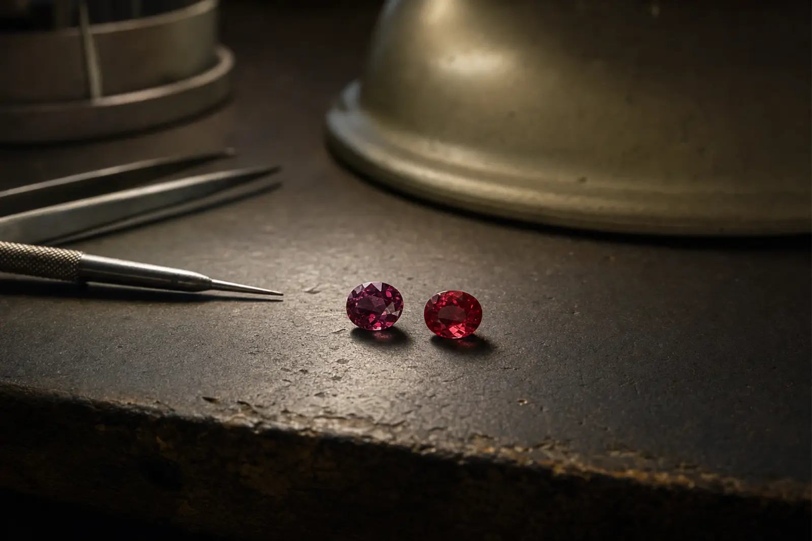 A loose red spinel and a loose ruby of similar size placed together for comparison