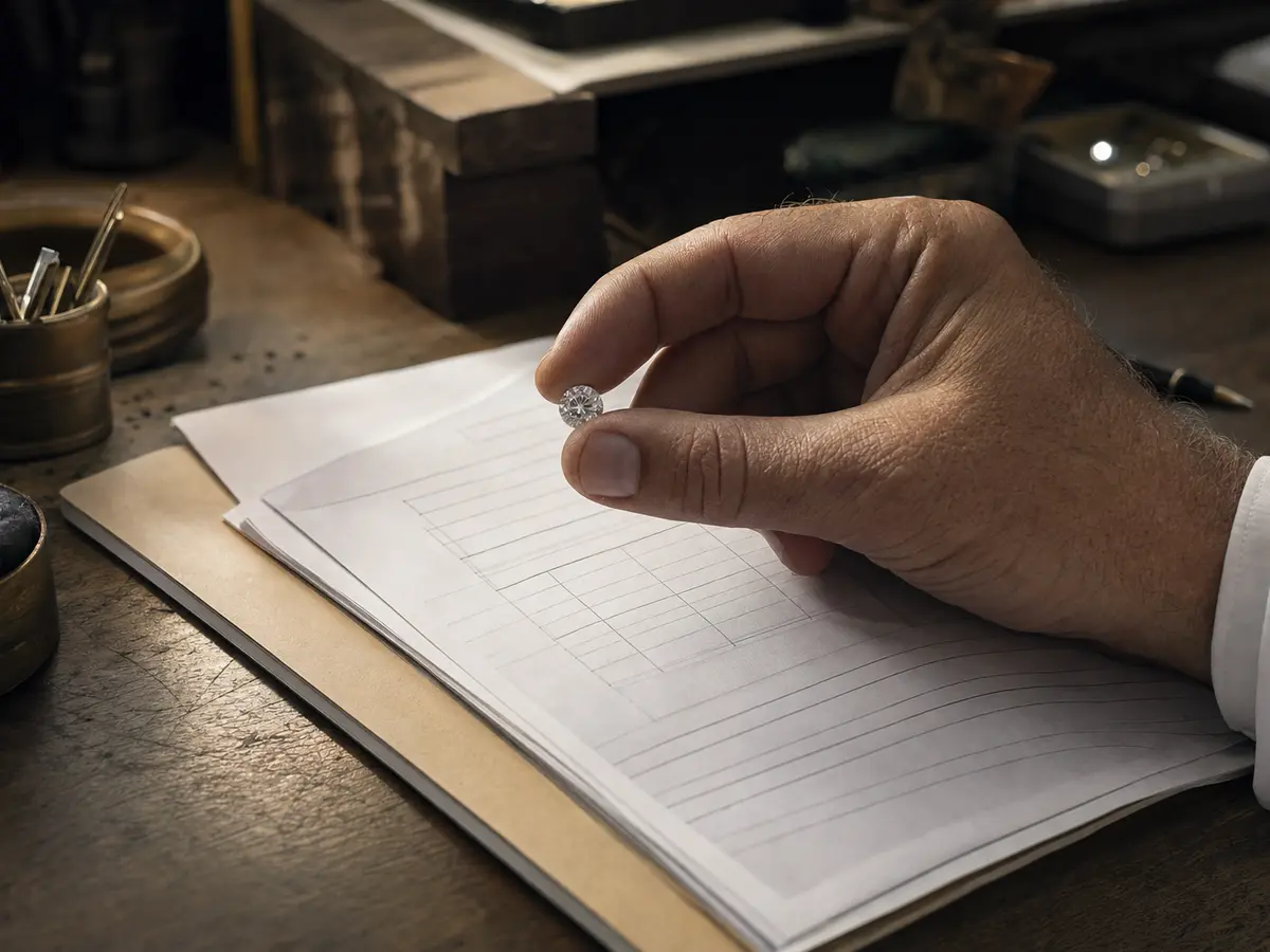 A jeweller's hand holding a loose diamond beside its paperwork on a bench