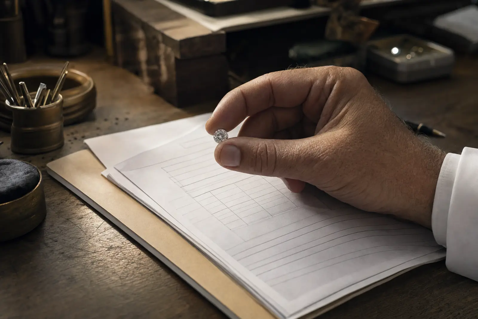 A jeweller's hand holding a loose diamond beside its paperwork on a bench