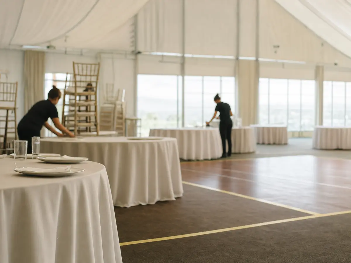 An empty function room mid-set-up, with round tables half-dressed and a bare dance floor marked out with tape