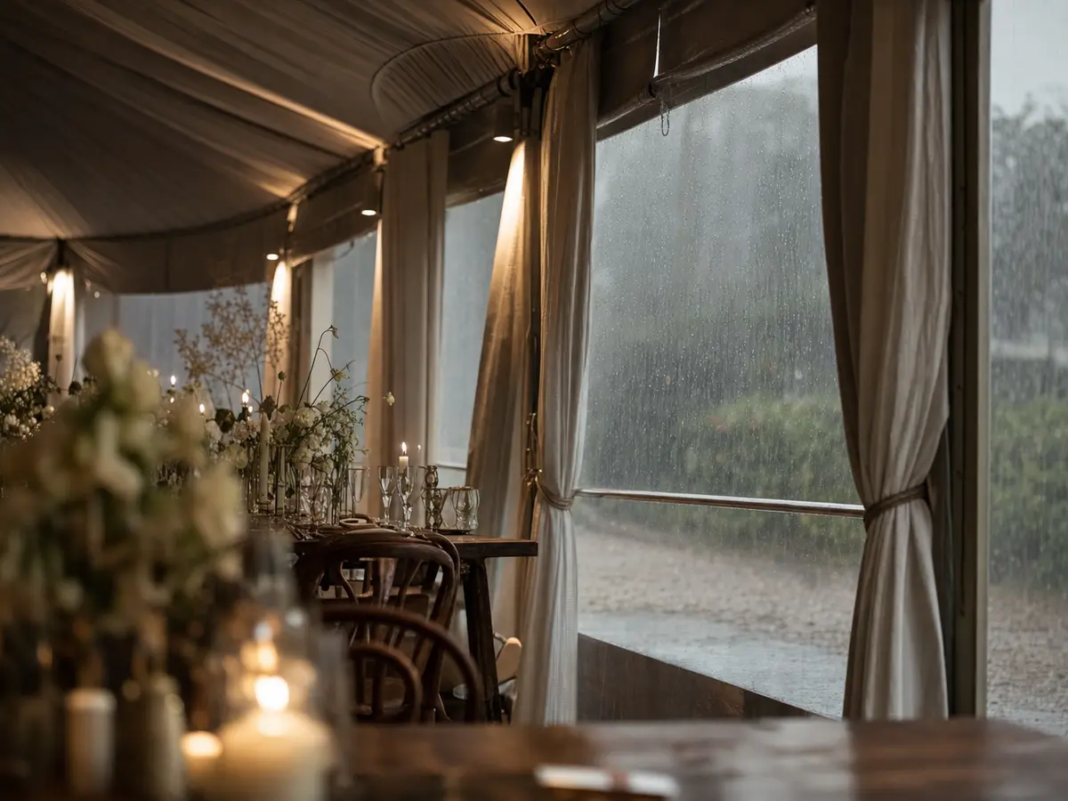 A marquee interior set for a wedding reception with the side panels rolled down against rain