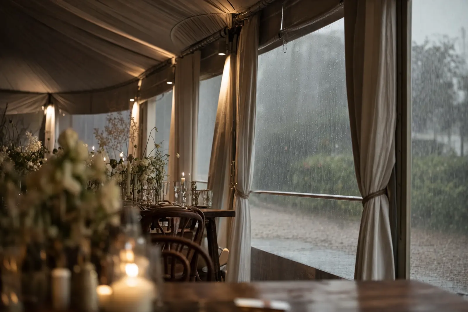 A marquee interior set for a wedding reception with the side panels rolled down against rain