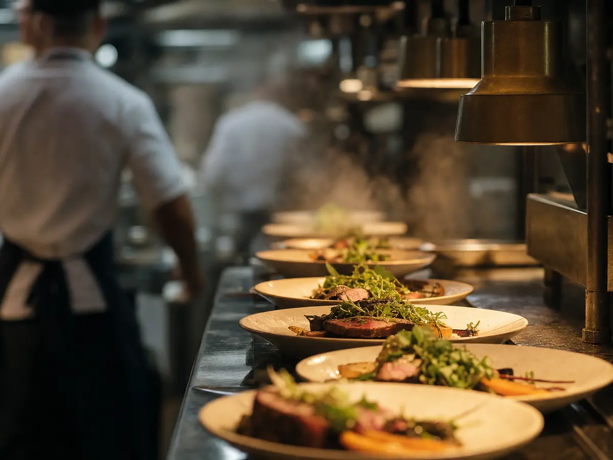 A venue kitchen pass with plated dinner courses waiting for service during a wedding reception