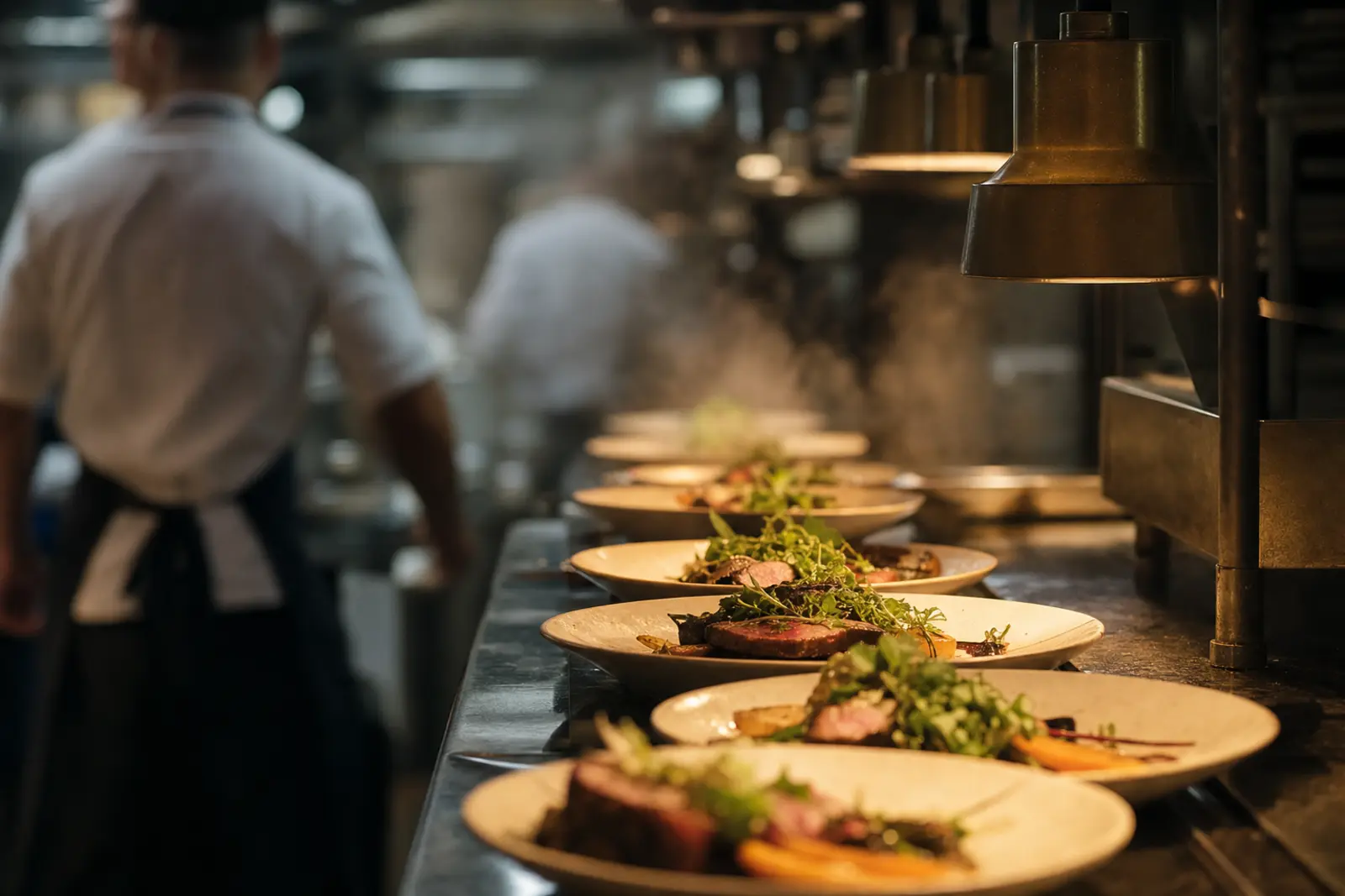 A venue kitchen pass with plated dinner courses waiting for service during a wedding reception