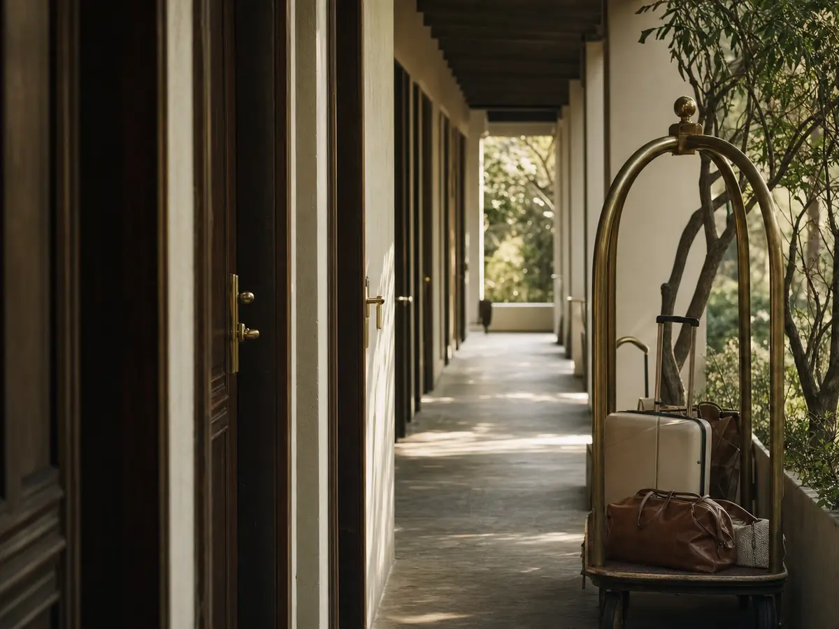 A row of guest-room doors along a quiet corridor at a wedding venue with accommodation, early morning light