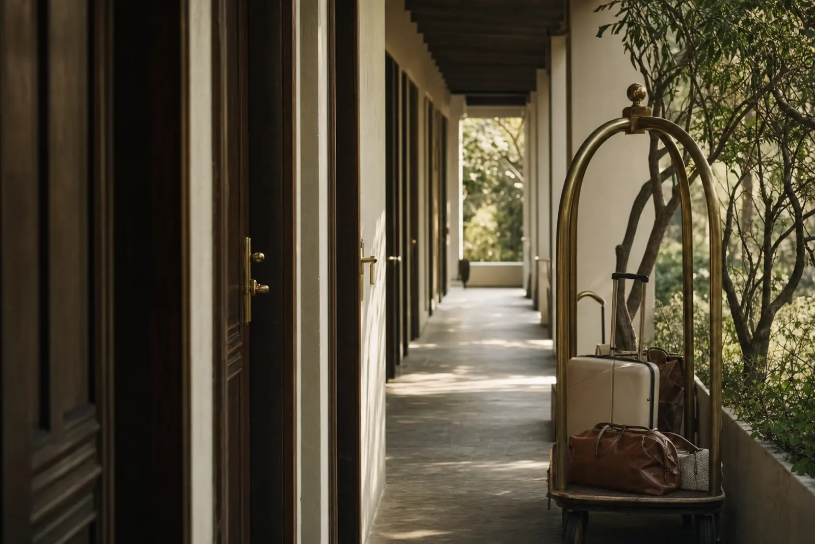 A row of guest-room doors along a quiet corridor at a wedding venue with accommodation, early morning light