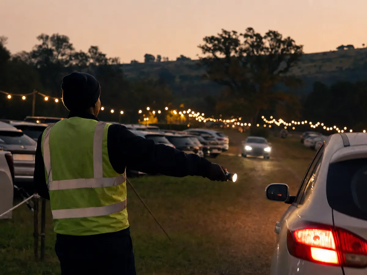 A parking attendant with a torch guiding cars into a grass field at dusk before a wedding