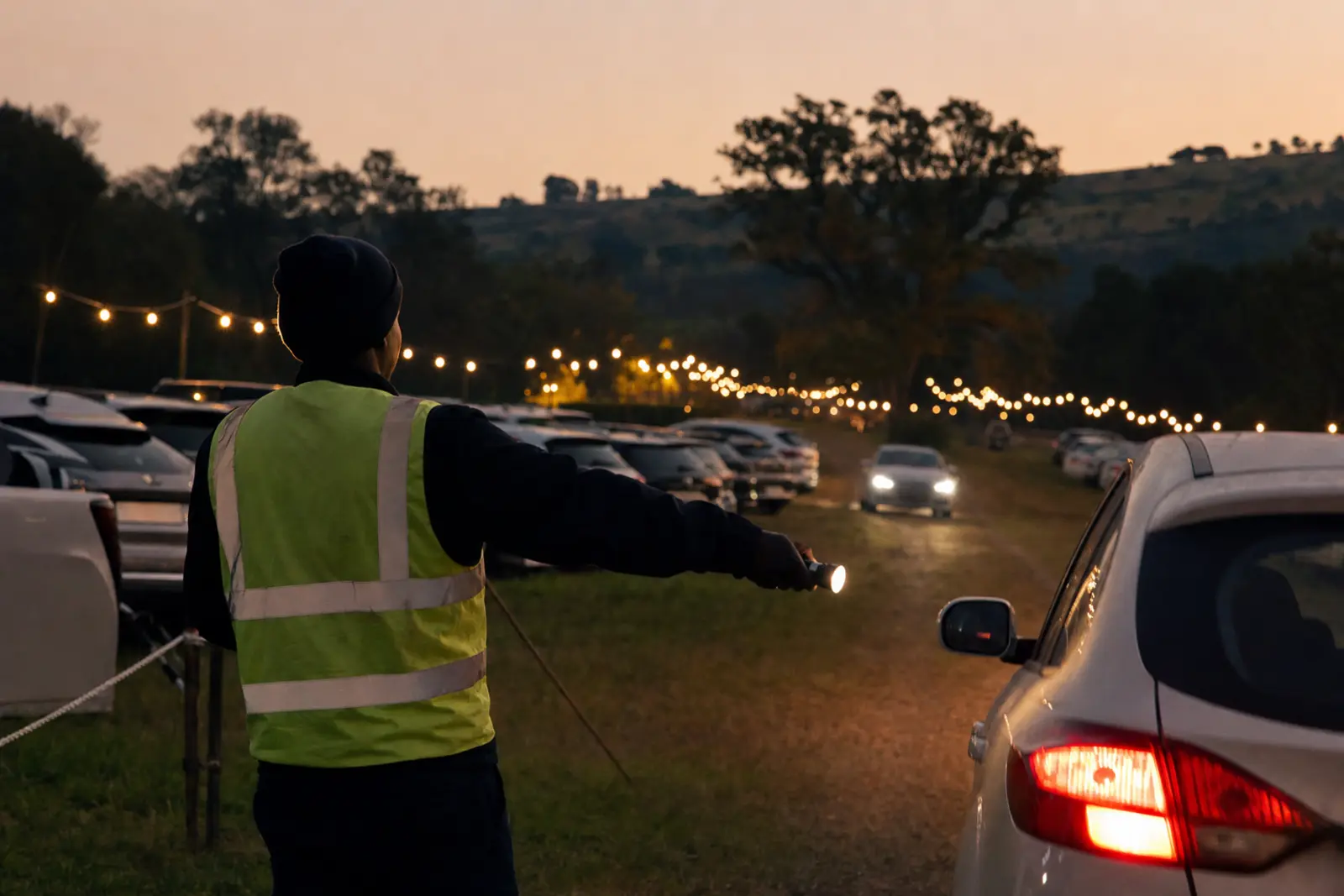 A parking attendant with a torch guiding cars into a grass field at dusk before a wedding