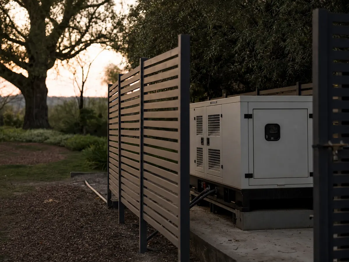A generator housed in a screened enclosure beside a wedding venue's parking area at dusk