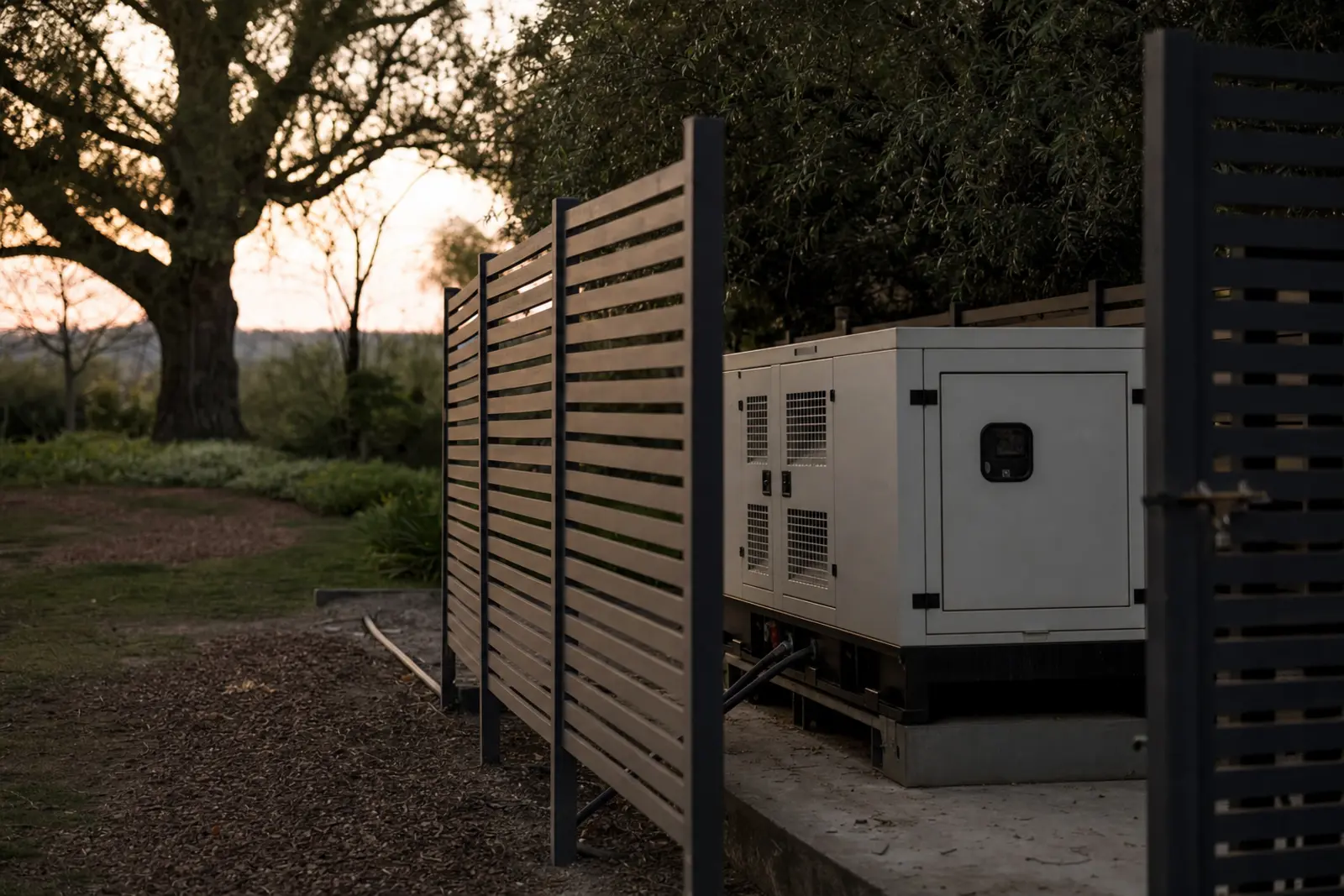 A generator housed in a screened enclosure beside a wedding venue's parking area at dusk