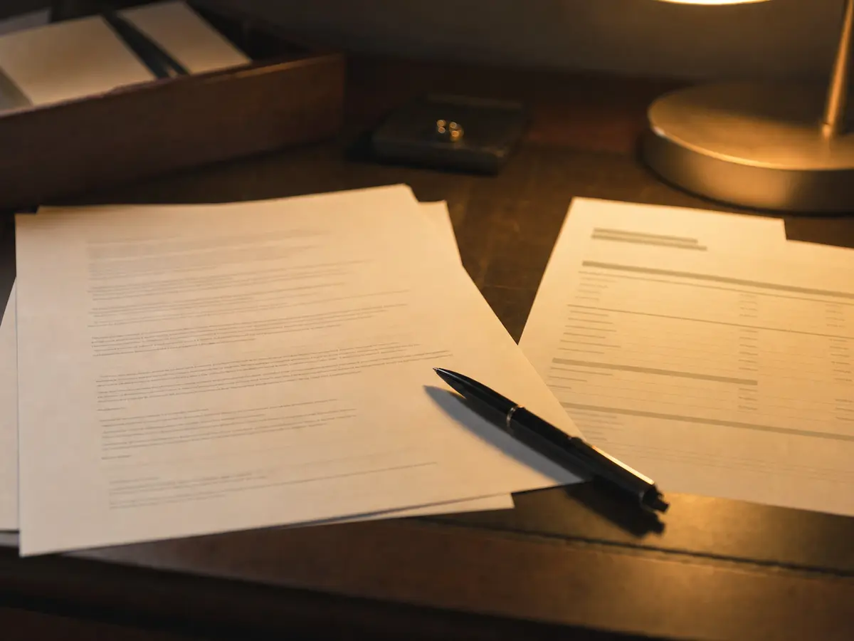 A wedding contract and an itemised invoice laid on a desk beside a pen, evening light