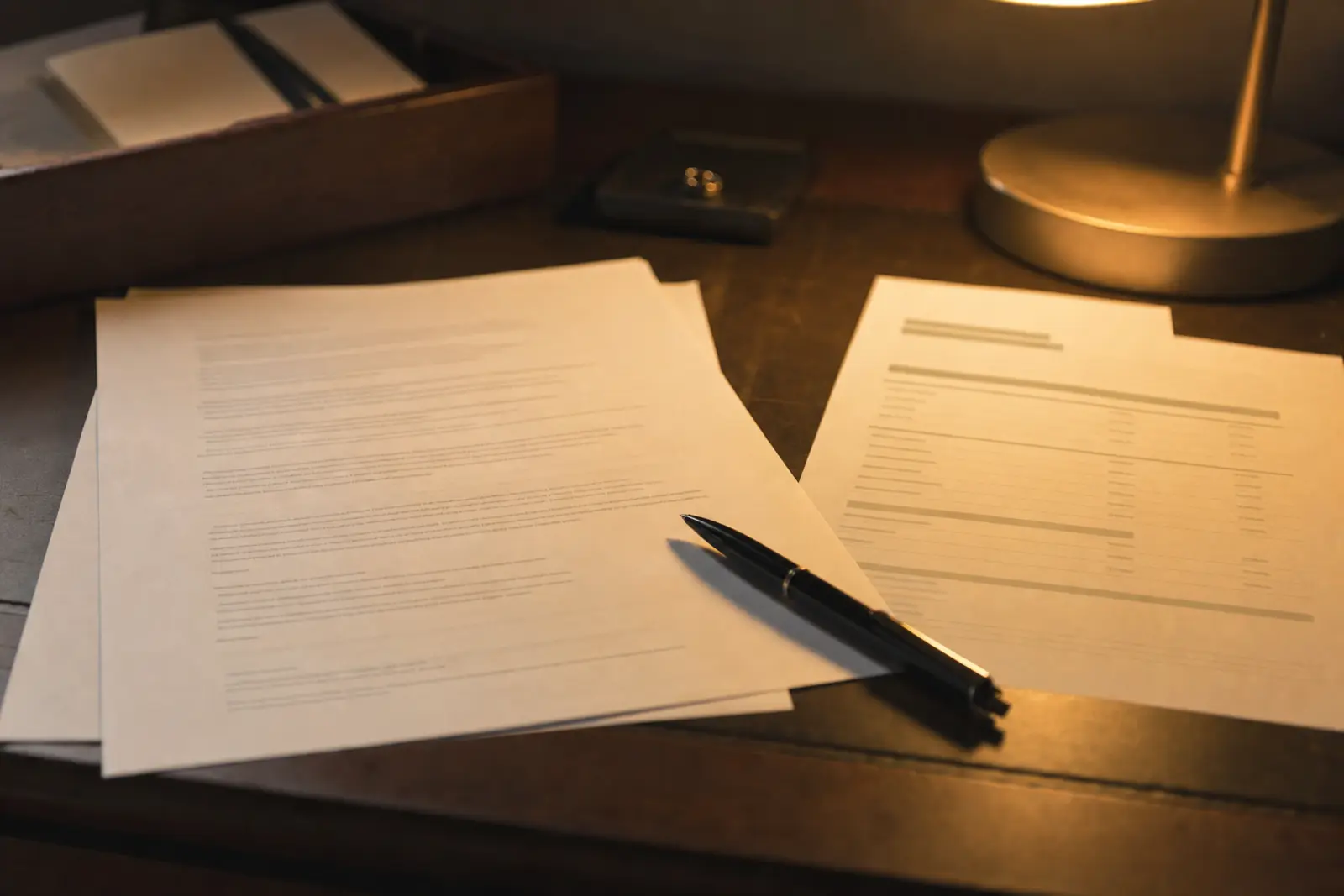 A wedding contract and an itemised invoice laid on a desk beside a pen, evening light